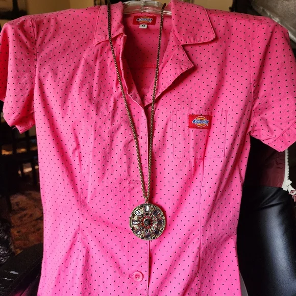Y2K Dickies Sz M Barbie Pink Black Polkadot Buttondown Dress Worksiren Festival - Picture 11 of 14